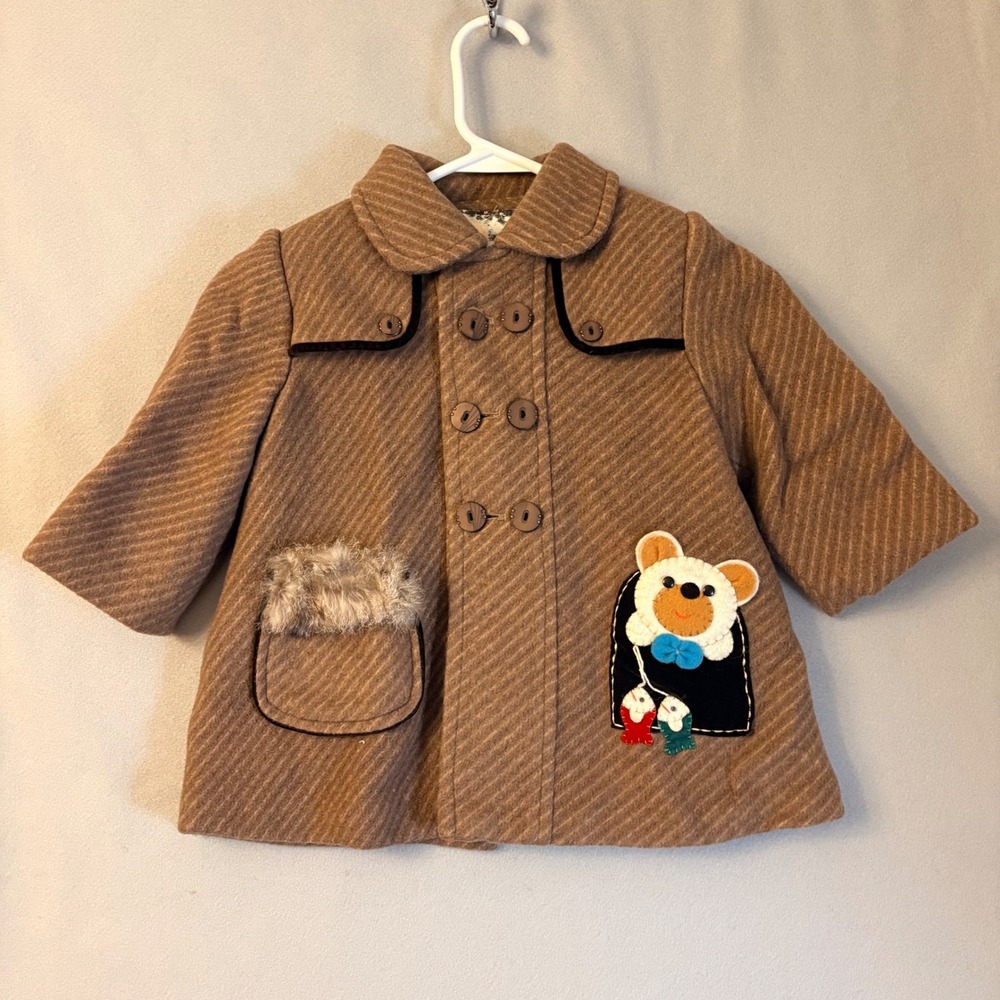 Vintage Toddler Brown Twill Pea Coat Bear Applique Fur Trim Cottagecore 2T-3T